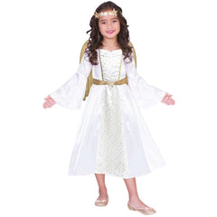 Angel Girl Costume, white dress with gold accents, wings and headband.