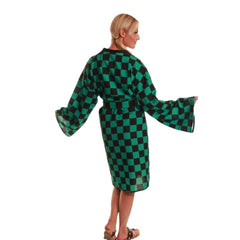Green and black check anime kimono for cosplay
