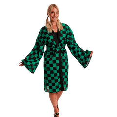 Anime demon kimono costume with green and black check pattern and matching sash belt