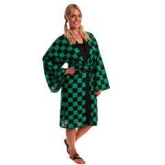 Anime demon kimono costume with green and black check pattern and matching sash belt