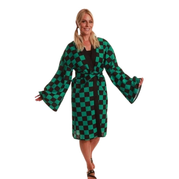 Green and black check anime kimono for cosplay