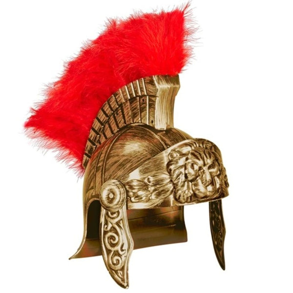 Antiquated gold Roman helmet with lion face visor and red crest