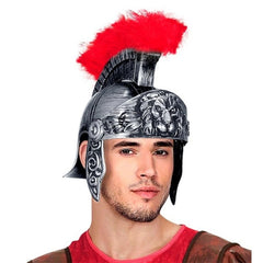 Antiquated silver Roman helmet with lion face visor and red crest