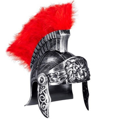 Antiquated silver Roman helmet with lion face visor and red crest