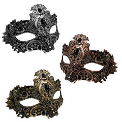 Antique Look Lacy Masquerade Mask, black mask with silver/copper/gold lace overlay with black gems for ladies.