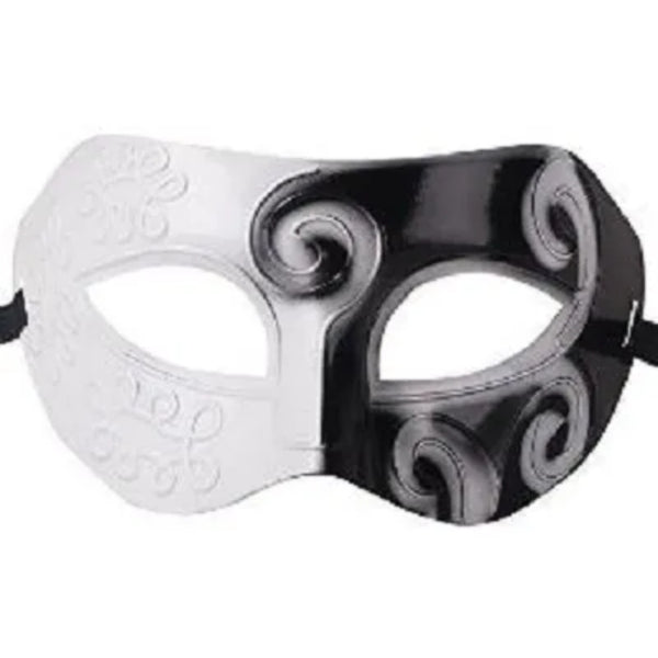 Black and white antique Venetian eye mask with swirl detail and ribbon tie
