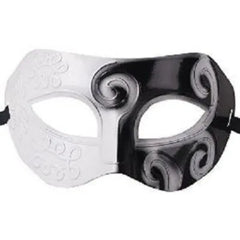 Black and white antique Venetian eye mask with swirl detail and ribbon tie