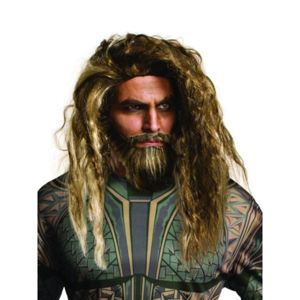 Aquaman wig and beard set – long brown wig and matching facial hair on display