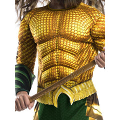Child wearing an officially licensed Aquaman Deluxe costume with padded muscle chest and boot tops.