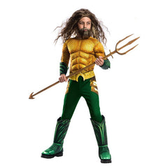 Child wearing an officially licensed Aquaman Deluxe costume with padded muscle chest and boot tops.