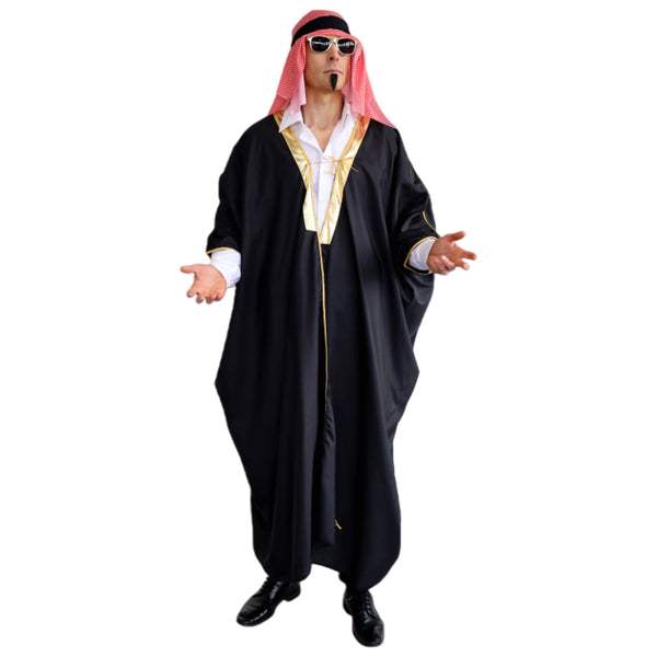 Adult Arab Sheik Black Robe Costume with headscarf and head tie front view