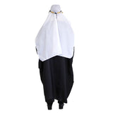 arab sheikh costume, flowing black robe with gold trim and cream headdress with cord. headdress comes down to waist at the back.
