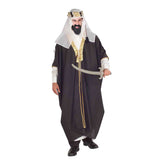 arab sheikh costume, flowing black robe with gold trim and cream headdress with cord.