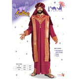 Arab Sultan Men's Costume, red robe with gold/red fabric trim, tunic, plus headpiece with drape,