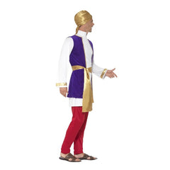 arabian prince adult cosutme, white top, purple waistcoat, red trousers and gold belt and turban.