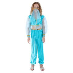 Arabian Princess Costume - Child, blue harem pants and midriff top with sheer sleeves and headpiece.