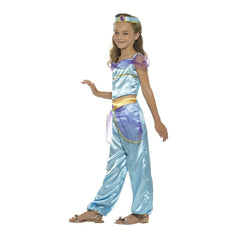 arabian princess girls costume, light blue with purple trim, top and harem pants plus headdress.