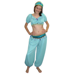 Arabian Princess - Hire, green/blue harem pants midriff top and headbress trimmed with purple and gold beads and braid.