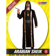 Arabian Sheik Adult Costume, black robe, vest with gold trim, headdress.