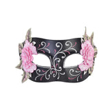 Aria Black & Pink Masquerade Mask, matt black base with splashes of glitter and embroidered 3d pink flowers.