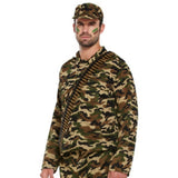 Close-up of mens army costume showing camouflage military uniform