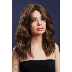 Long wavy two-toned brown blend wig with centre parting on adjustable cap