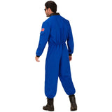 Person wearing a blue jumpsuit with an American flag patch on a white background