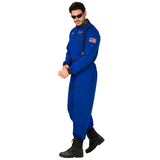 Person wearing a blue astronaut suit with American flag patch on a white background
