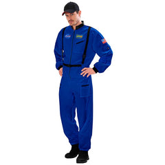 Blue astronaut spacesuit costume with printed logos