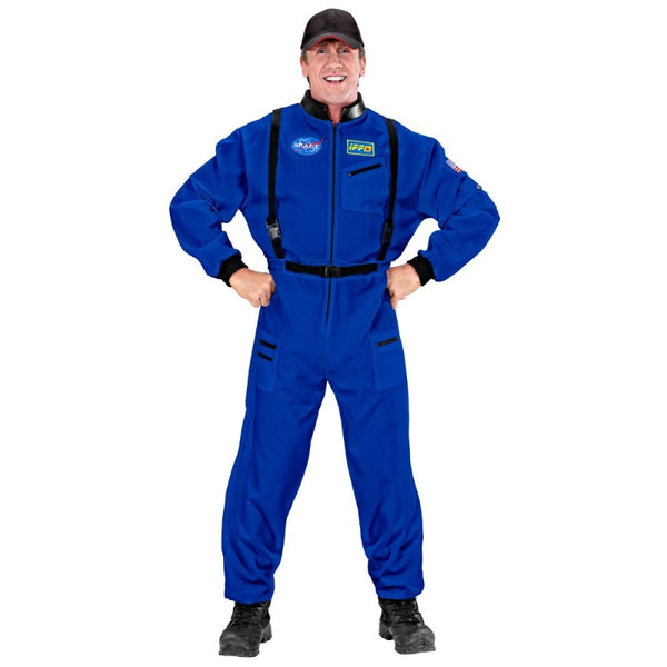 Blue astronaut spacesuit costume with printed logos