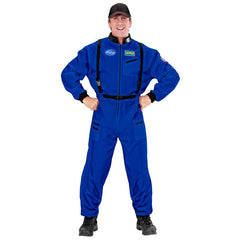 Blue astronaut spacesuit costume with printed logos
