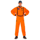 Adult wearing a orange astronaut costume ideal for space theme parties