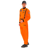 Side view of orange astronaut jumpsuit with logos