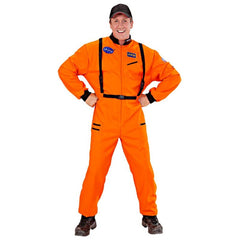 Adult astronaut costume orange spacesuit jumpsuit with printed logos
