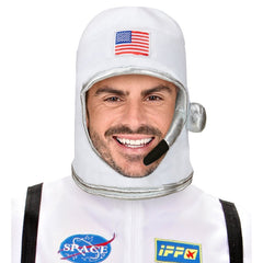 Man wearing the plush white astronaut helmet featuring flag