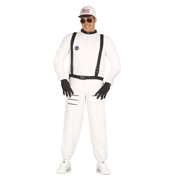 Mens astronaut costume with white space suit and NASA-style patches