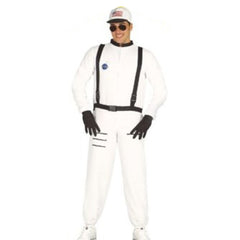 Men’s astronaut costume with white jumpsuit and American flag cap 