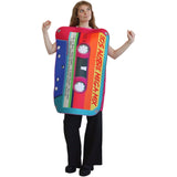 A person modeling a large novelty costume designed to look like a cassette tape, featuring bright pink, orange, blue, yellow, and green graphics with the text '80S ALESE NEGA-MIX'.