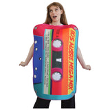 A woman modeling a large, novelty 80s cassette tape costume jacket with a colorful retro design featuring pink, orange, blue, and green panels, and printed text including '80S MEGAMIX'.