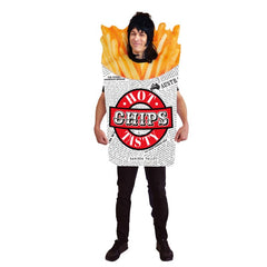 Person wearing a costume with French fries and 'Hot Chips' branding on a white background