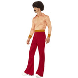 Authentic 70s guy costume, top in orange print with mustard trim and high waisted flares.