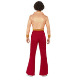 authentic 70's guy costume, top with wide collar and tight fit with high waisted flares.