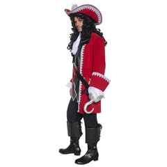 Authentic Pirate Captain, long red jacket with lace trim, trousers, top with attched belt and cravat.