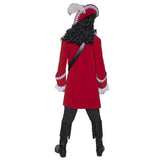 Authentic Pirate Captain, long red jacket with lace trim, trousers, top with attched belt and cravat.