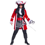 Authentic Pirate Captain, long red jacket with lace trim, trousers, top with attached belt and cravat.
