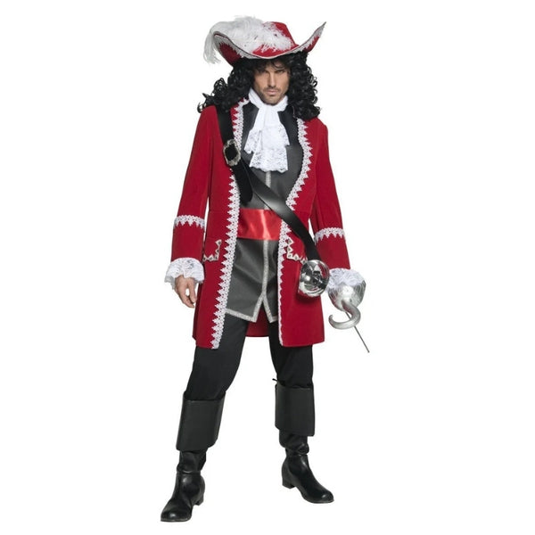 Authentic Pirate Captain, long red jacket with lace trim, trousers, top with attched belt and cravat.