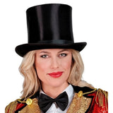 Black satin top hat worn by a woman