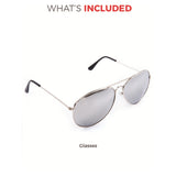 Aviator sunglasses with silver reflective lenses on a white background