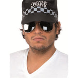 Person wearing a police cap and sunglasses on a white background