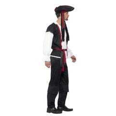 Aye Aye Pirate Captain Costume, mens black pants with attached boot tops, white shirt with attached black vest trimmed in red, black tri-corn hat with attached plaits and sash.

